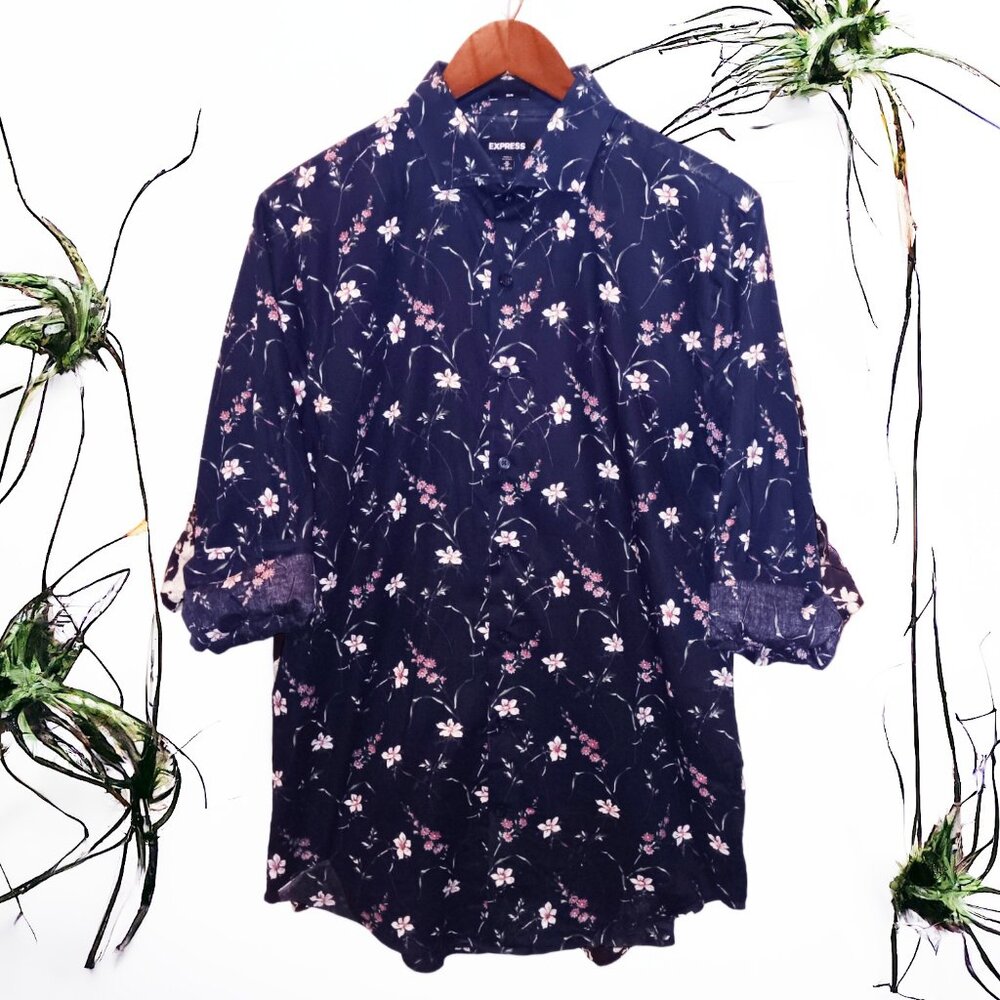 Express ★ Men's Casual Button-Up Dress Shirt ★ Pa'aeka Hawaiian Floral Print